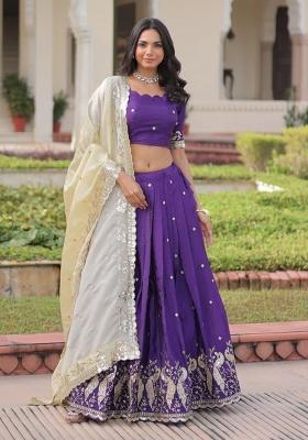 Violet Embroidered Silk Lehenga Set