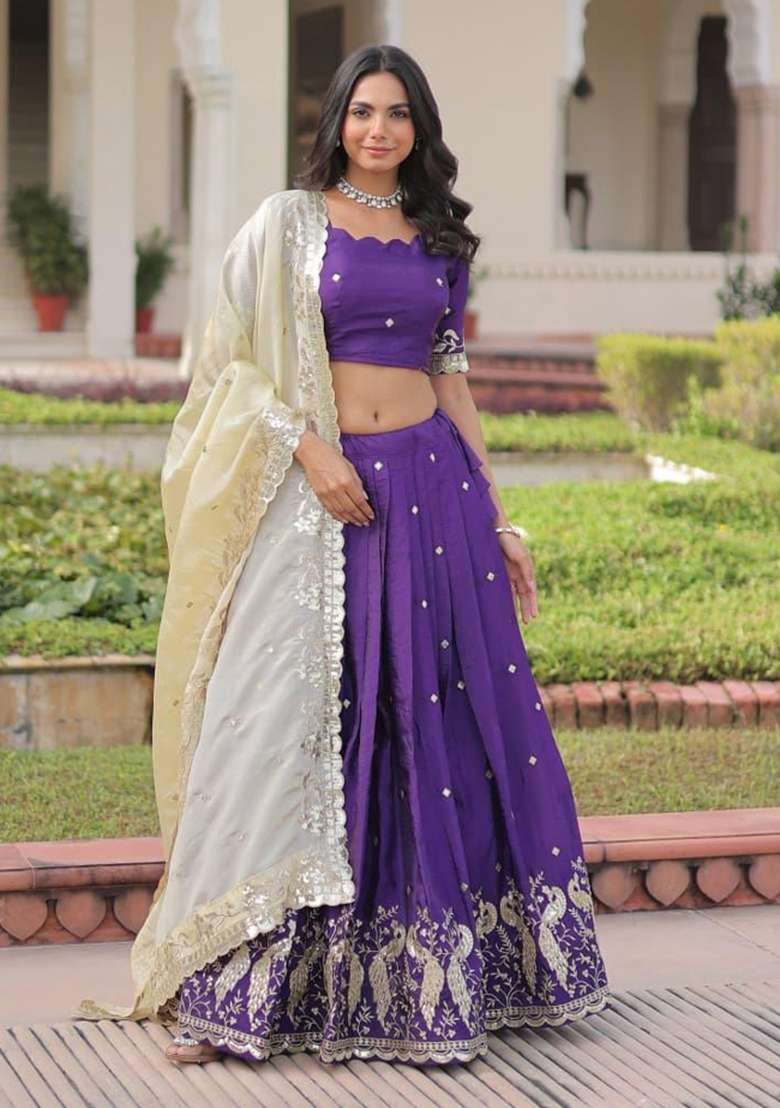 Violet Embroidered Silk Lehenga Set for Diwali and Festive Wear - Indya