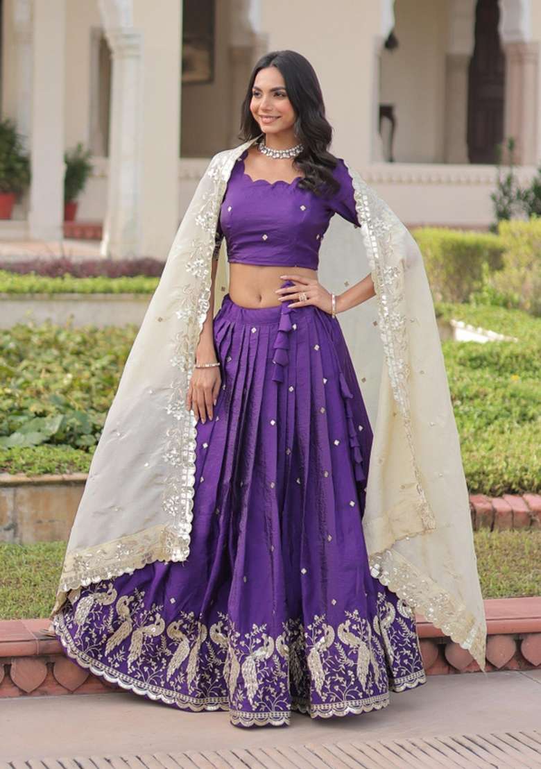 Violet Embroidered Silk Lehenga Set for Diwali and Festive Wear - Indya