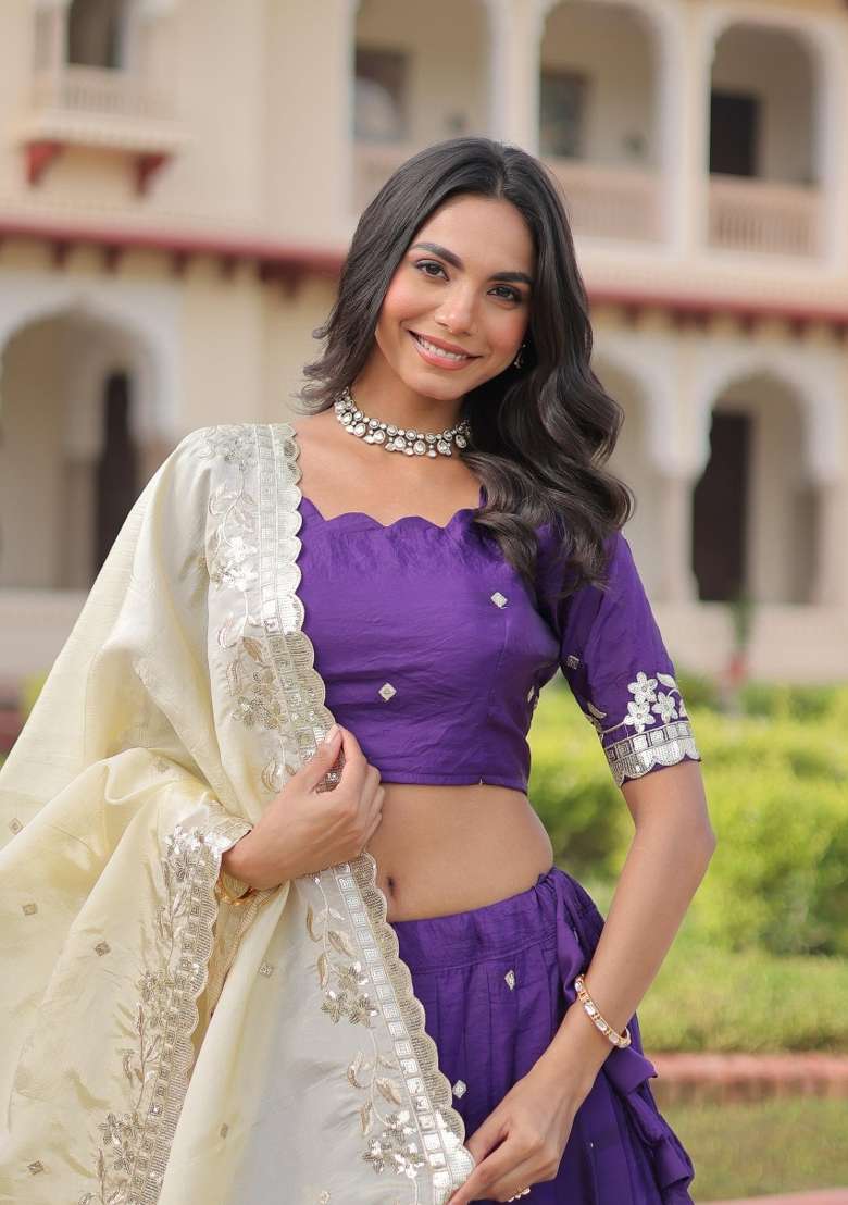 Violet Embroidered Silk Lehenga Set for Diwali and Festive Wear - Indya