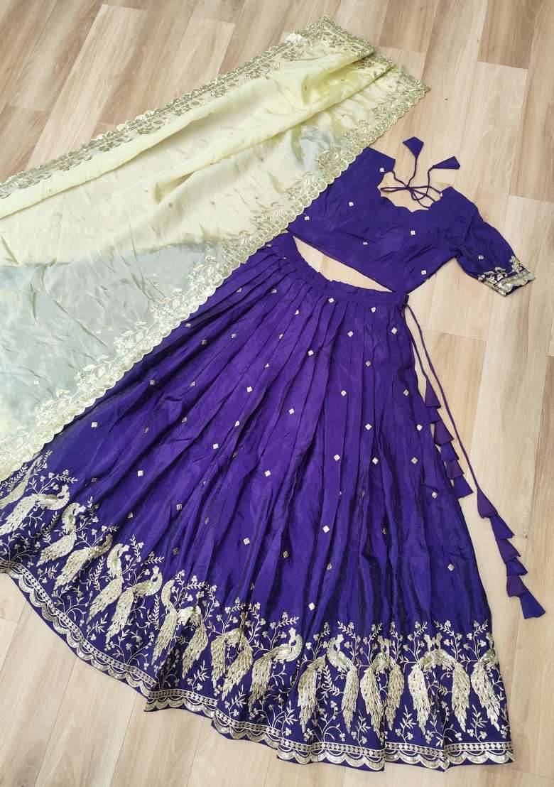 Violet Embroidered Silk Lehenga Set for Diwali and Festive Wear - Indya