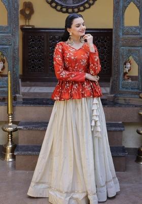 Orange Sequin Work Silk Lehenga Set