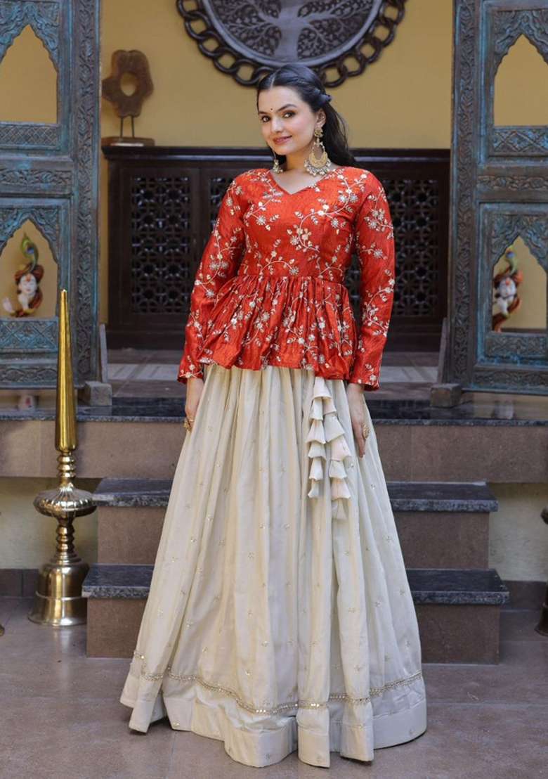 Orange Sequin Work Silk Lehenga Set - Indya