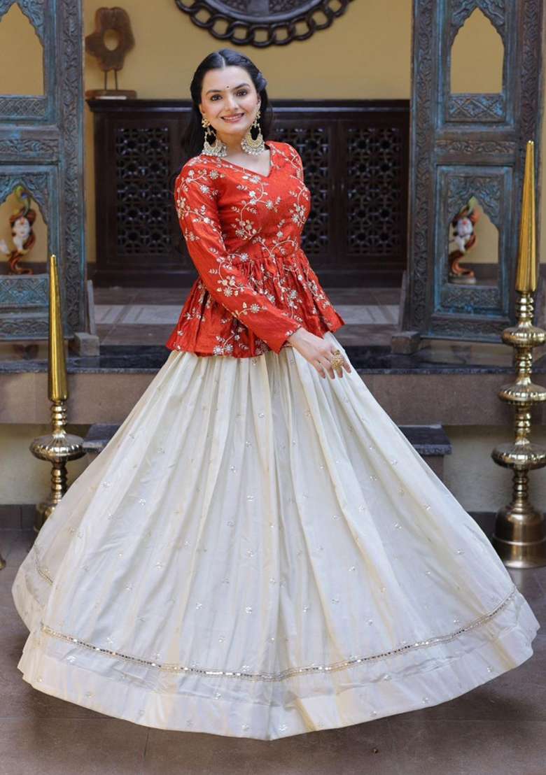 Orange Sequin Work Silk Lehenga Set - Indya