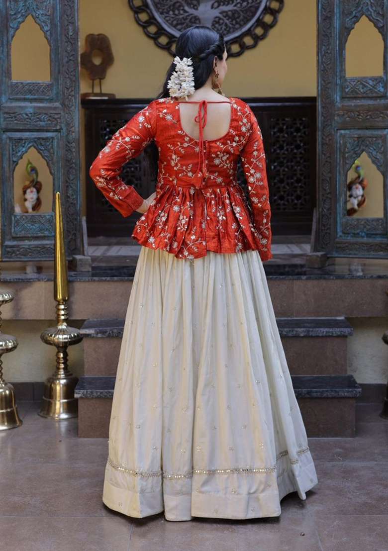 Orange Sequin Work Silk Lehenga Set - Indya