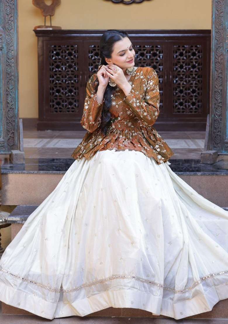 Mustard Sequin Work Silk Lehenga Set for Diwali and Festive Wear - Indya