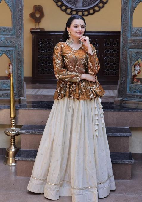 Mustard Sequin Work Silk Lehenga Set