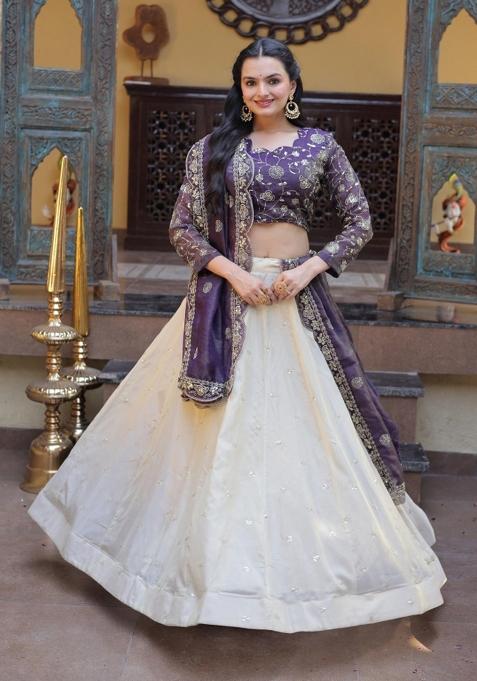 Violet Embroidered Silk Lehenga Set