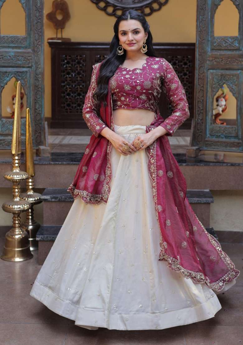 Maroon Silk Lehenga Set with Embroidered for Diwali | Wedding & Festive Wear - Indya