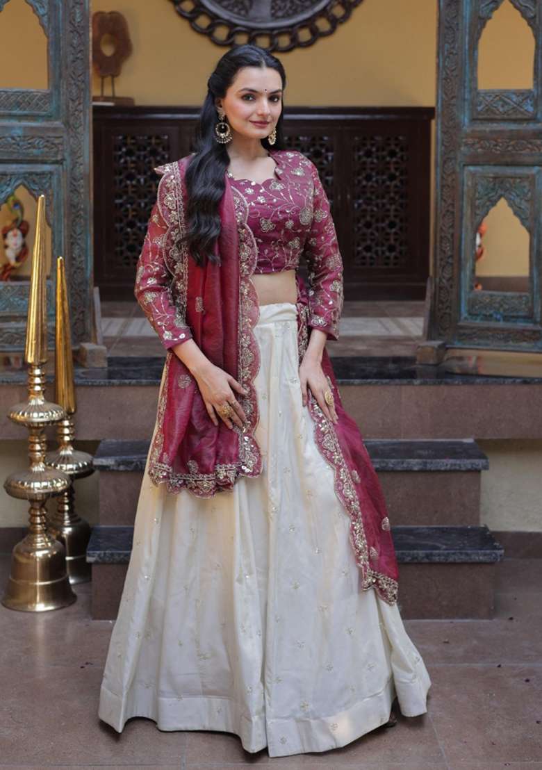 Maroon Silk Lehenga Set with Embroidered for Diwali | Wedding & Festive Wear - Indya