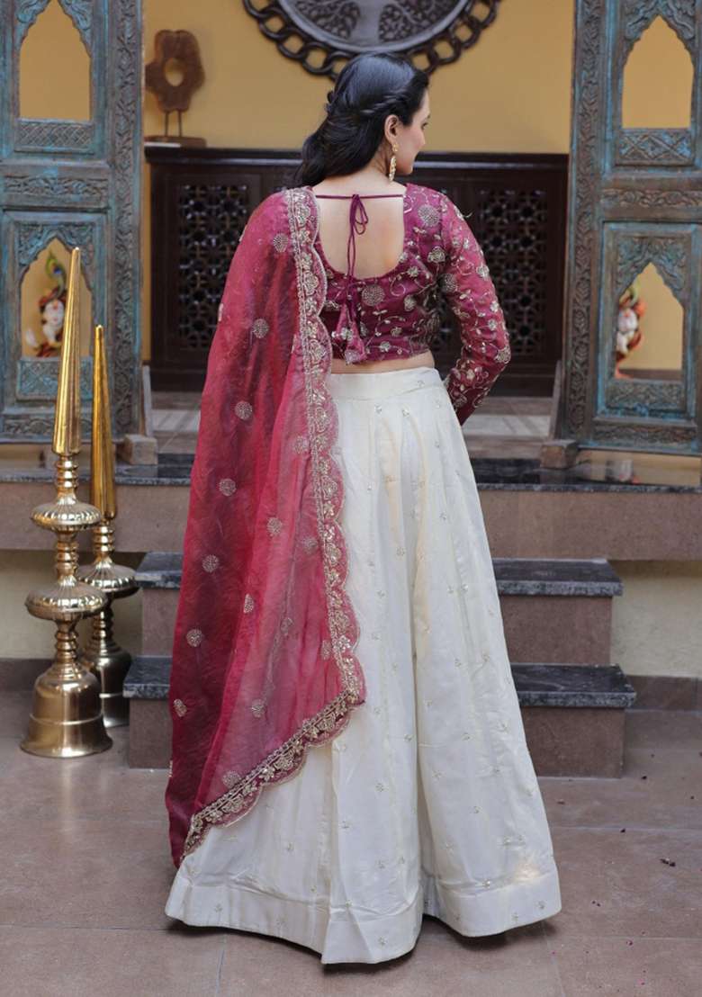 Maroon Silk Lehenga Set with Embroidered for Diwali | Wedding & Festive Wear - Indya