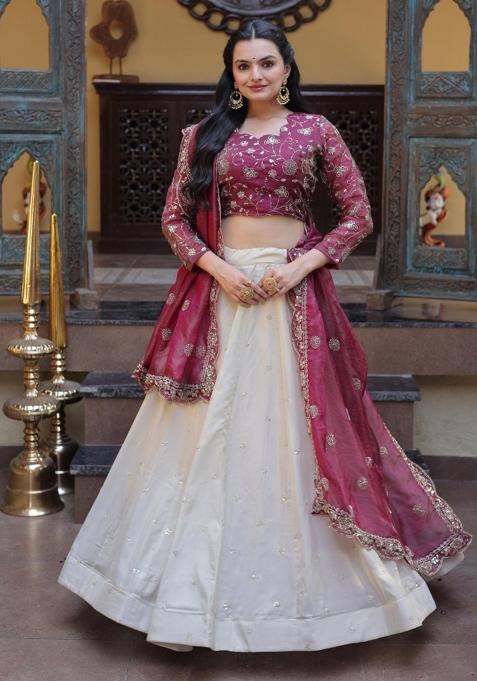 Maroon Embroidered Silk Lehenga Set