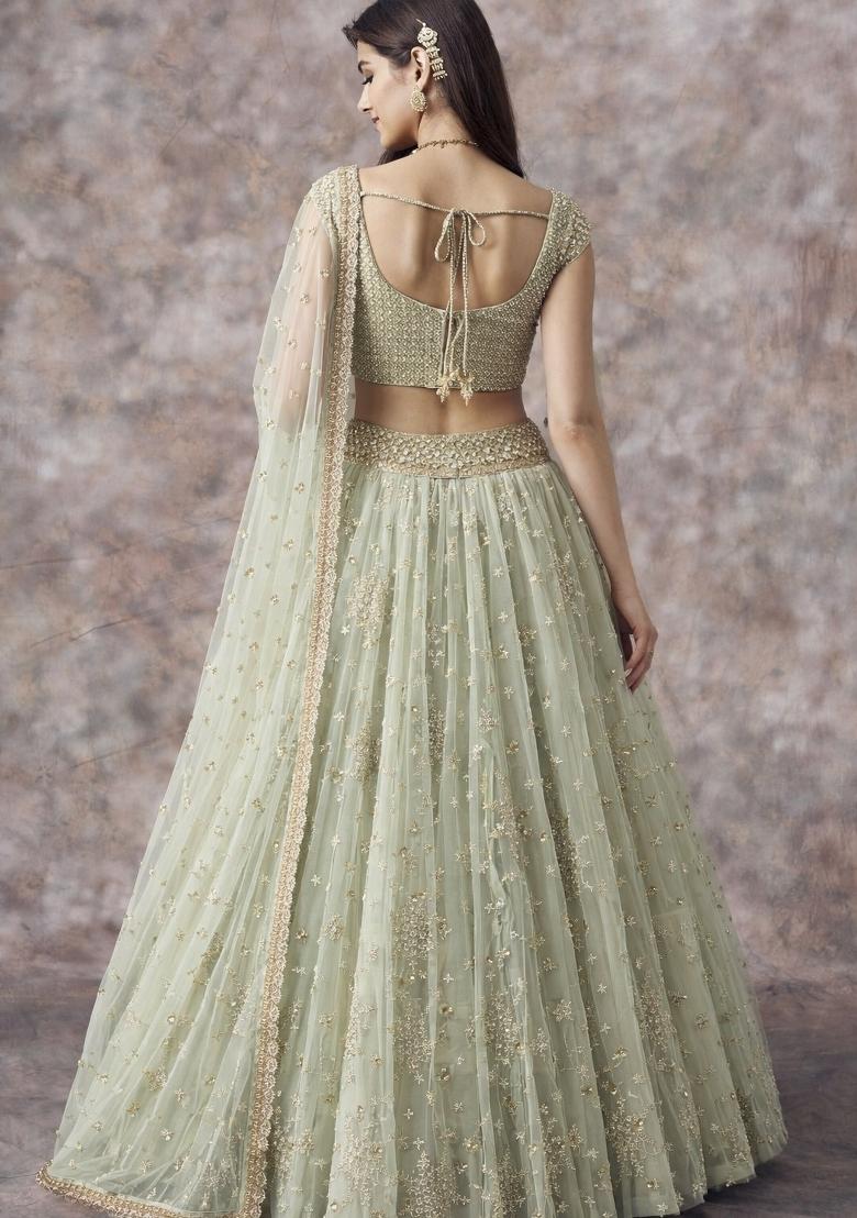 Pista Embroidered Net Lehenga Set - Indya