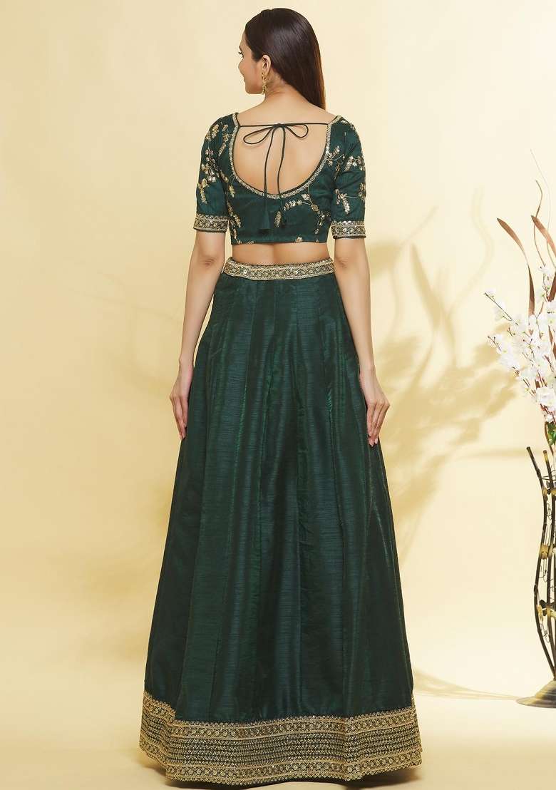 Green Silk Lehenga Set with Embroidered for Diwali | Wedding & Festive Wear - Indya