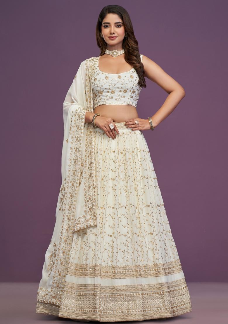 Cream Embroidered Georgette Lehenga Set - Indya