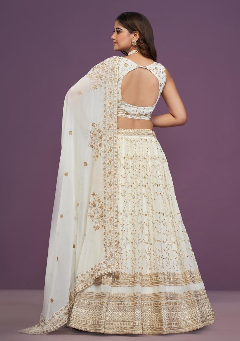 Cream Embroidered Georgette Lehenga Set - Indya