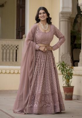 Dusty Rose Embroidered Georgette Lehenga Set