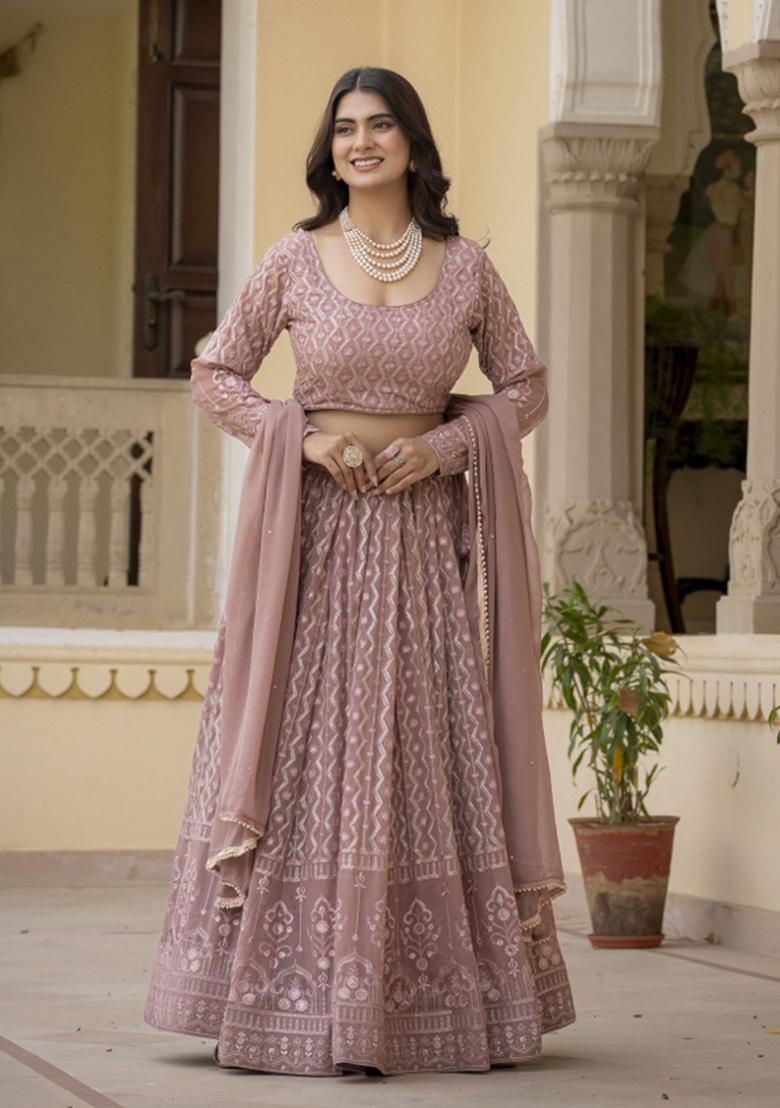 Dusty Rose Embroidered Georgette Lehenga Set - Indya