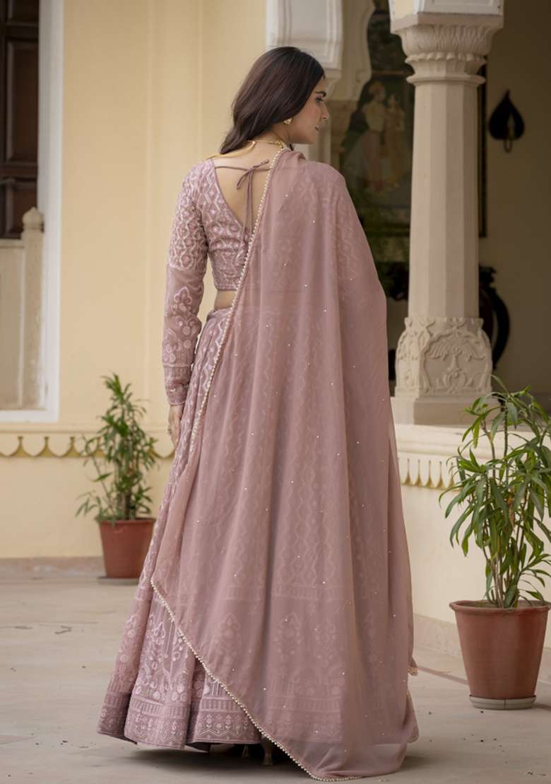 Dusty Rose Georgette Lehenga Set with Embroidered for Diwali | Wedding & Festive Wear - Indya