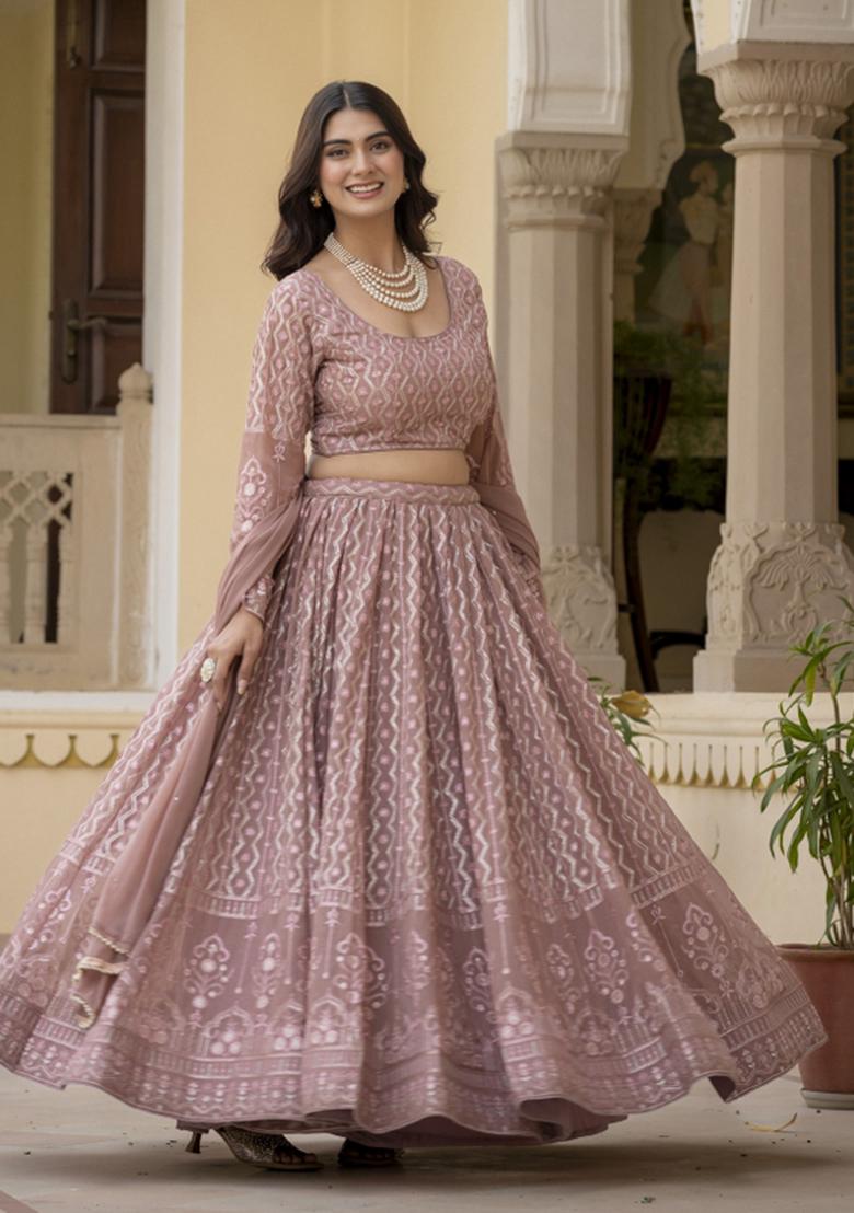 Dusty Rose Embroidered Georgette Lehenga Set - Indya