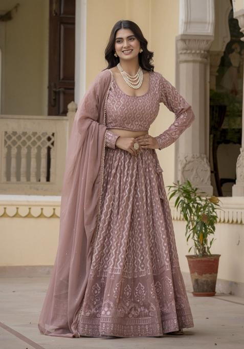 Dusty Rose Embroidered Georgette Lehenga Set