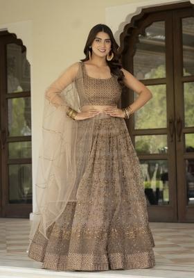 Light Coffee Embroidered Net Lehenga Set