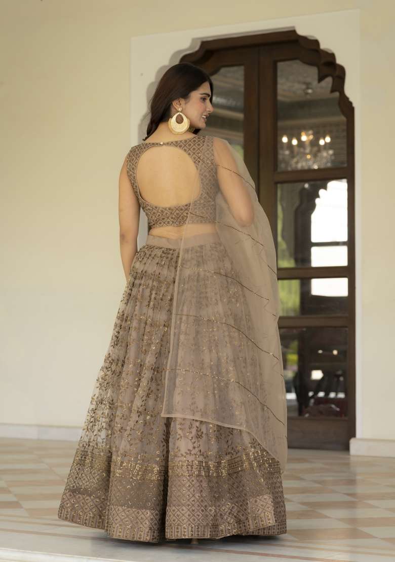 Light Coffee Net Lehenga Set with Embroidered for Diwali | Wedding & Festive Wear - Indya