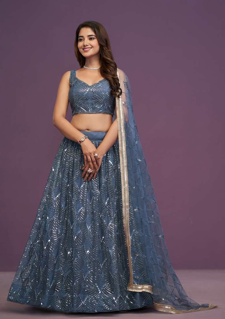 Teal Blue Embroidered Net Lehenga Set for Diwali and Festive Wear - Indya