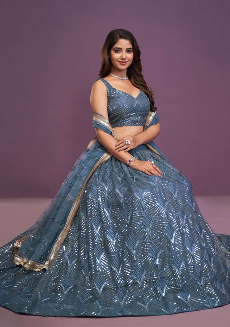 Teal Blue Embroidered Net Lehenga Set for Diwali and Festive Wear - Indya