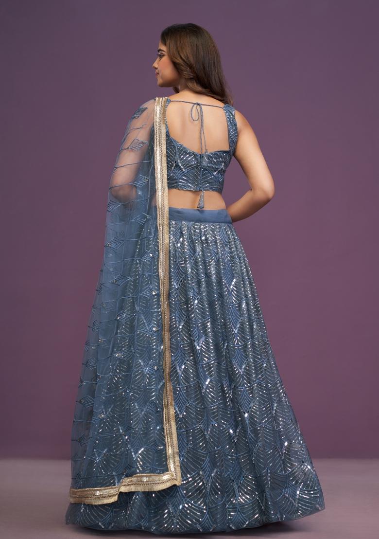Teal Blue Embroidered Net Lehenga Set - Indya