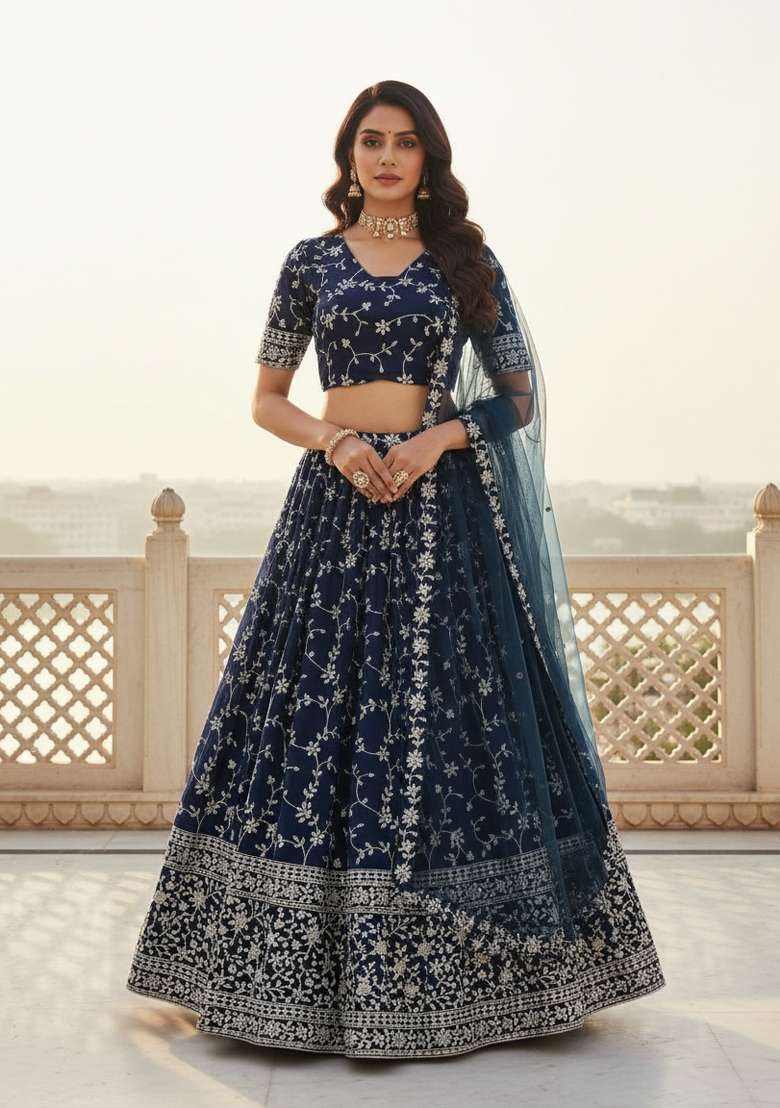 Dark Royal Blue Embroidered Georgette Lehenga Set for Diwali and Festive Wear - Indya