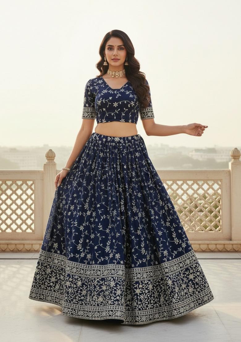 Dark Royal Blue Embroidered Georgette Lehenga Set - Indya