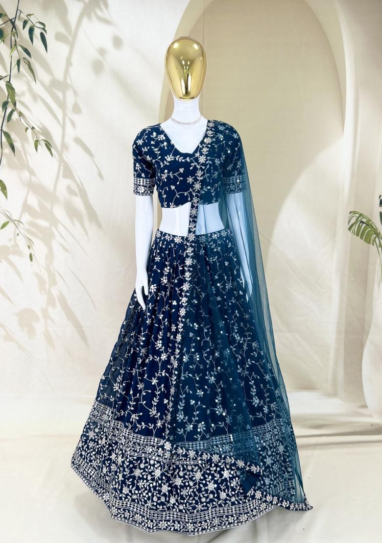 Dark Royal Blue Embroidered Georgette Lehenga Set - Indya