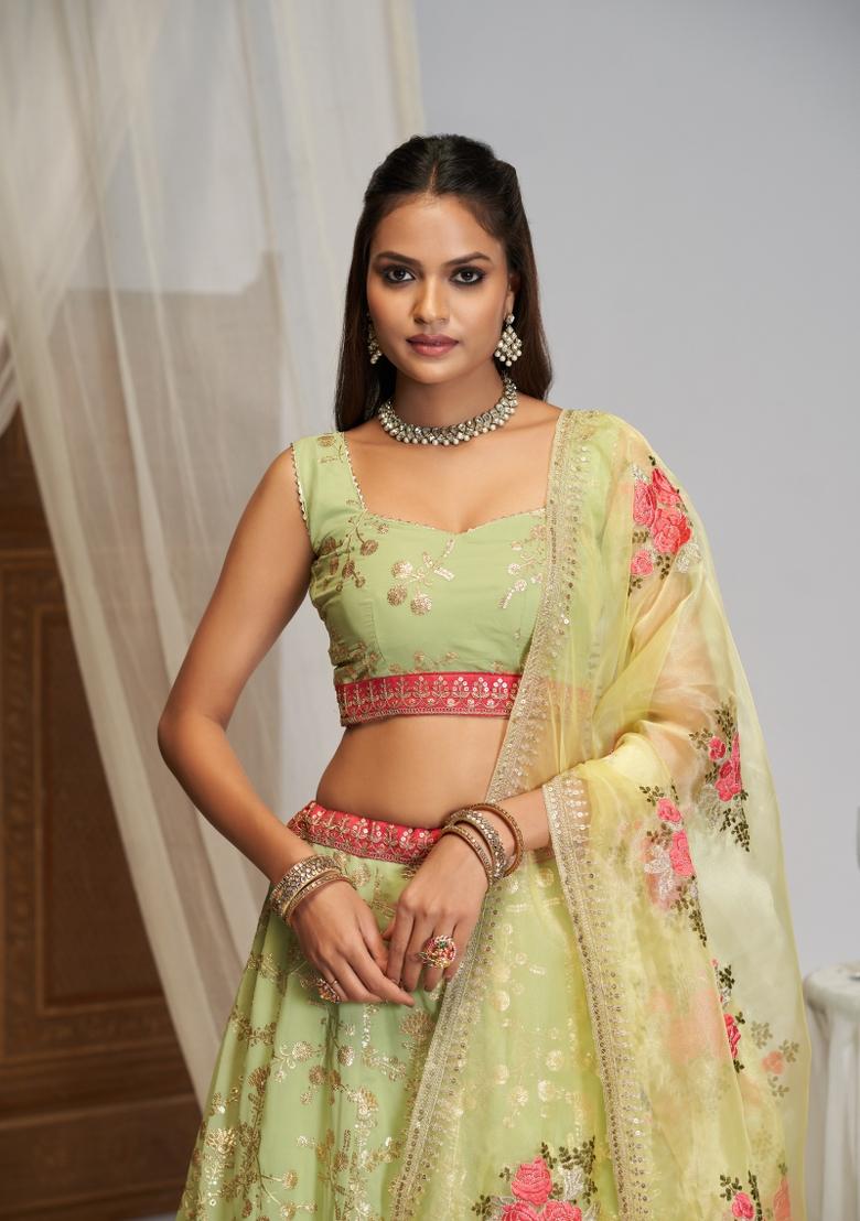 Pista Embroidered Georgette Lehenga Set - Indya