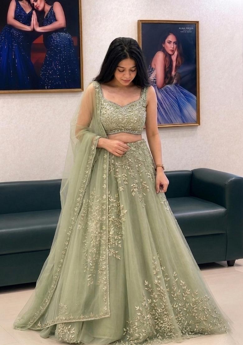Pista Embroidered Net Lehenga Set - Indya