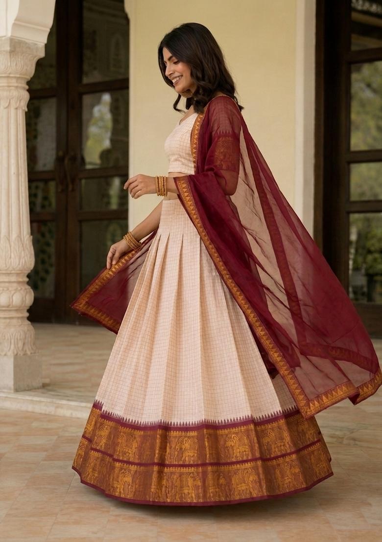 Cream Zari Work Cotton Lehenga Set - Indya