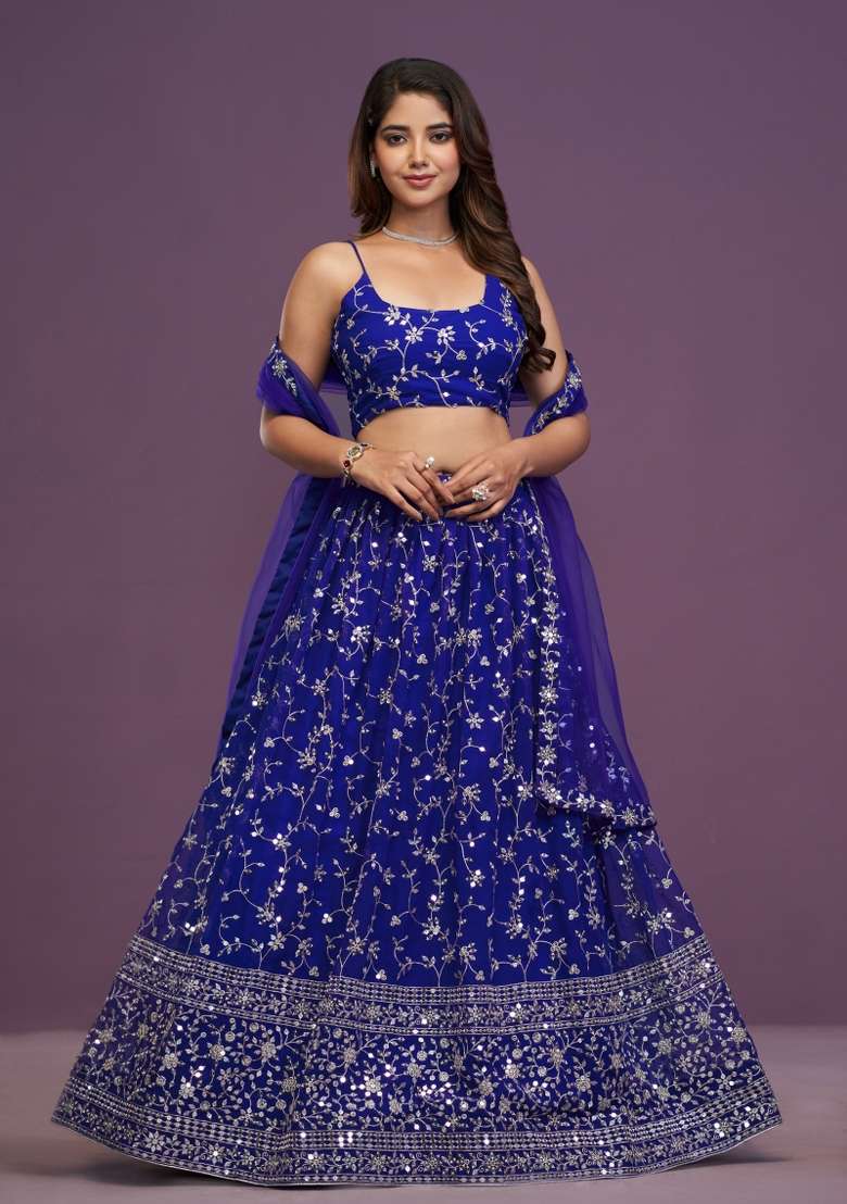 Violet Embroidered Georgette Lehenga Set for Diwali and Festive Wear - Indya