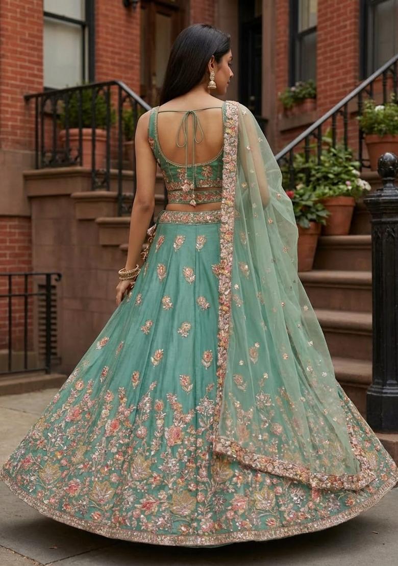 Aqua Embroidered Fandi Lehenga Set - Indya