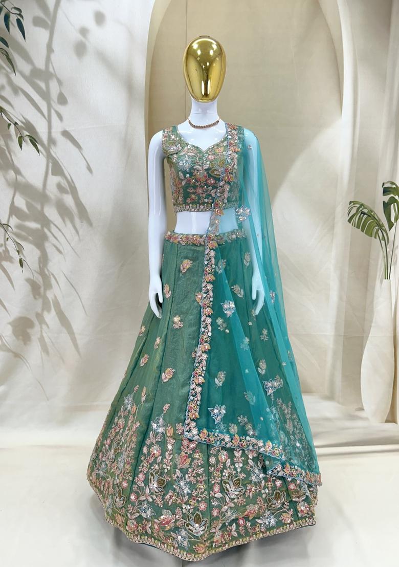 Aqua Embroidered Fandi Lehenga Set - Indya