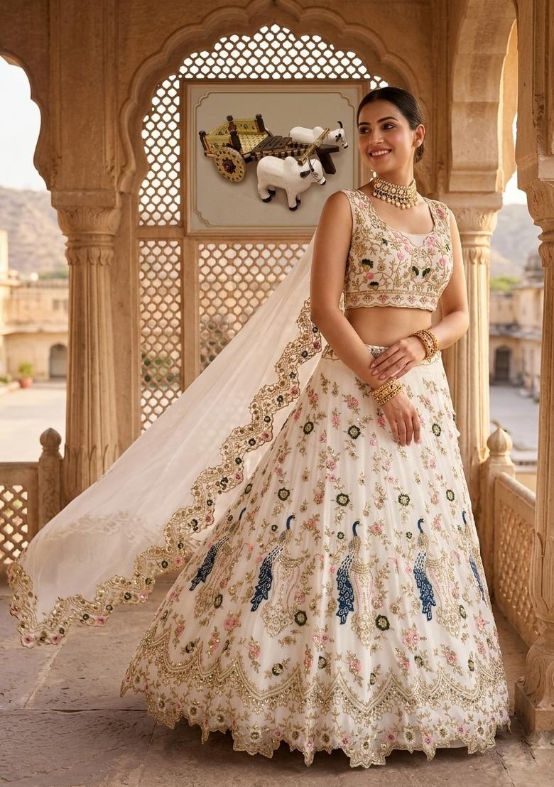 Cream Embroidered Georgette Lehenga Set - Indya