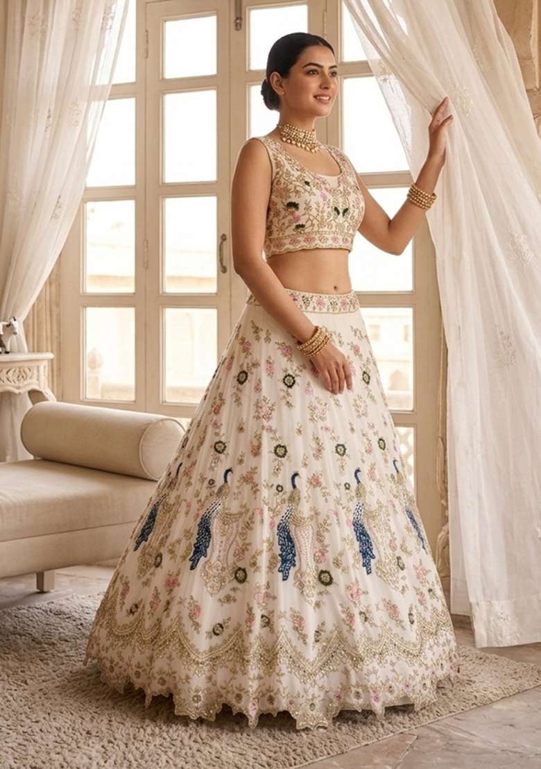 Cream Embroidered Georgette Lehenga Set for Diwali and Festive Wear - Indya