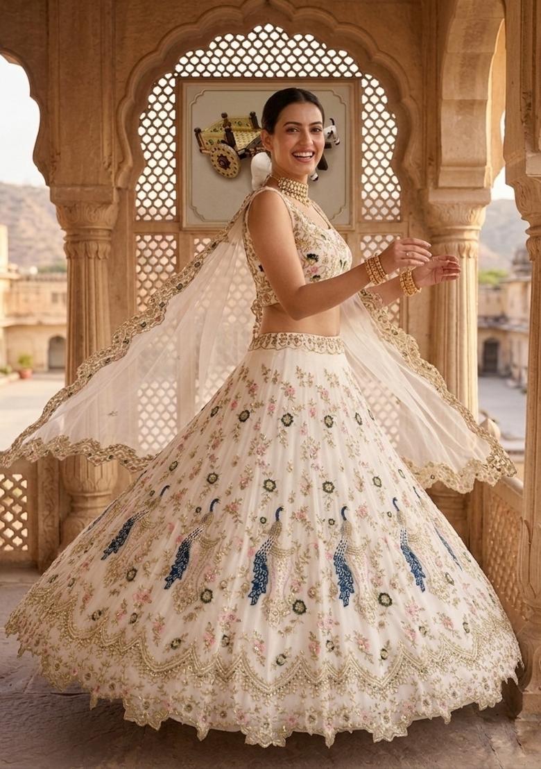 Cream Embroidered Georgette Lehenga Set - Indya