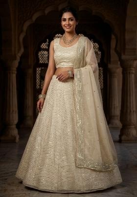 Dark Cream Sequin Work Silk Lehenga Set
