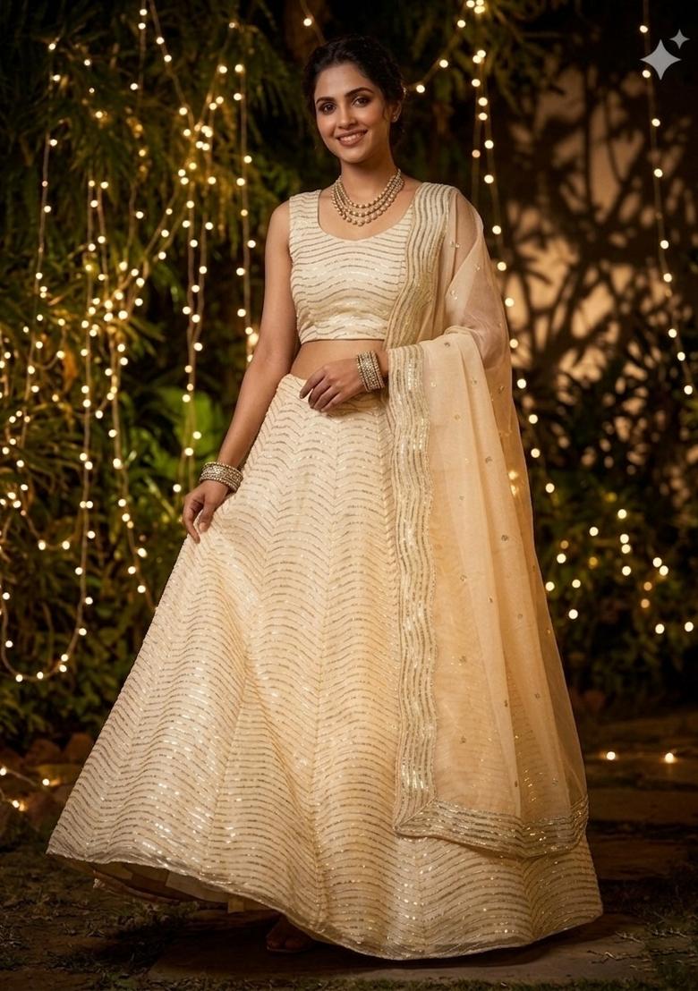 Dark Cream Sequin Work Silk Lehenga Set - Indya