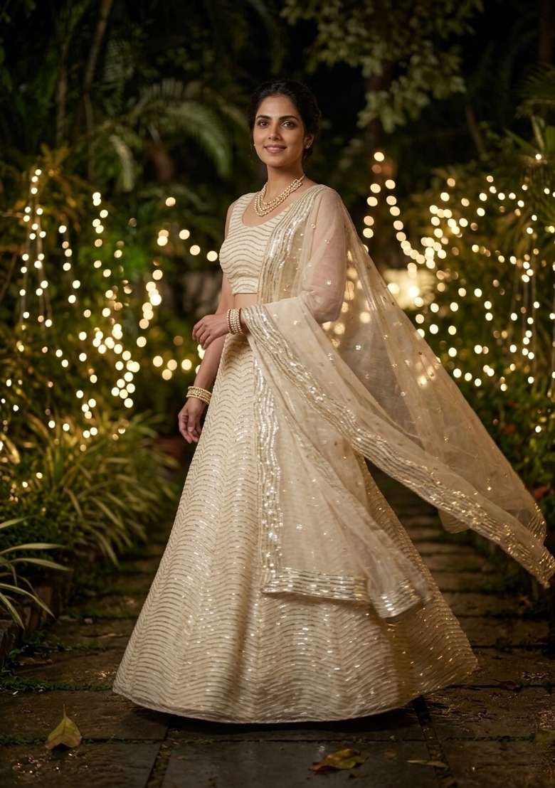 Dark Cream Sequin Work Silk Lehenga Set for Diwali and Festive Wear - Indya
