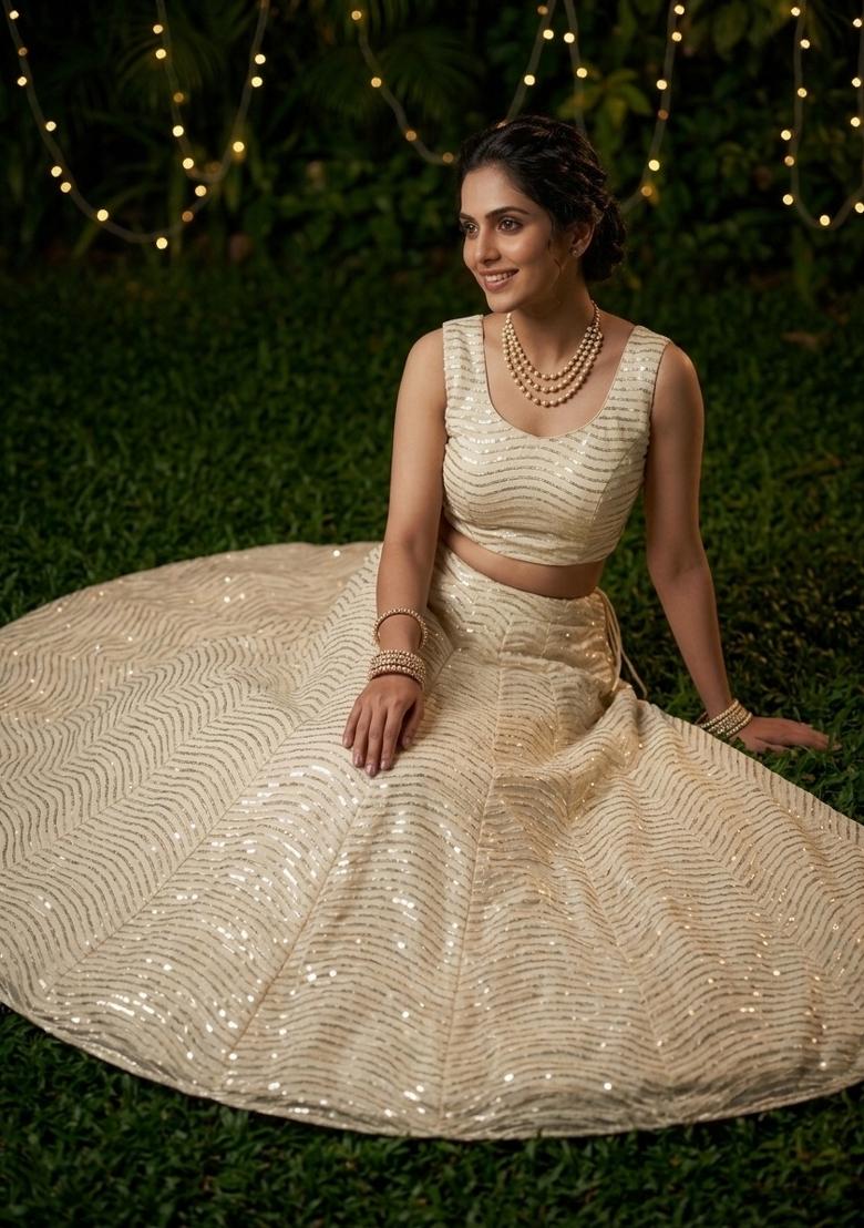 Dark Cream Sequin Work Silk Lehenga Set - Indya