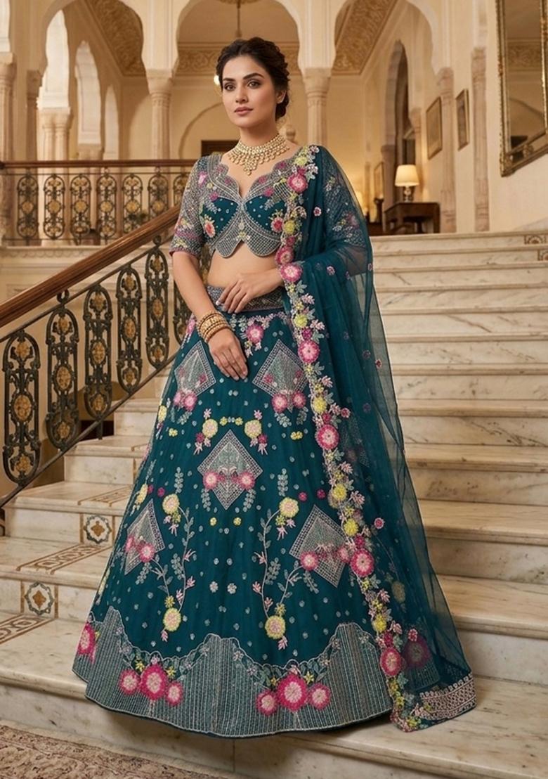 Teal Blue Embroidered Net Lehenga Set - Indya