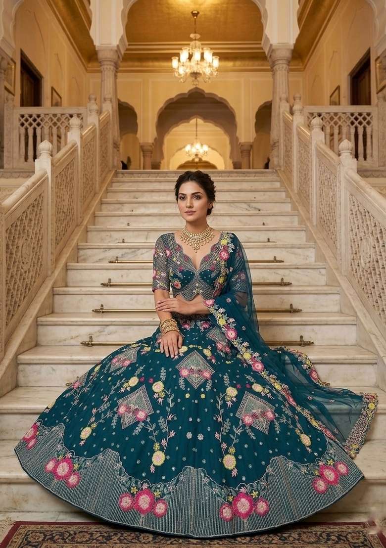 Teal Blue Net Lehenga Set with Embroidered for Diwali | Wedding & Festive Wear - Indya