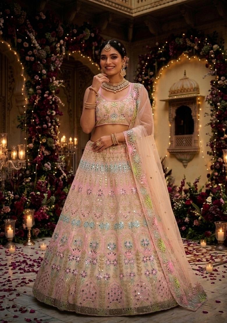 Light Pink Embroidered Net Lehenga Set - Indya
