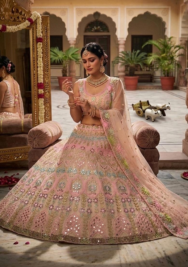 Light Pink Embroidered Net Lehenga Set - Indya
